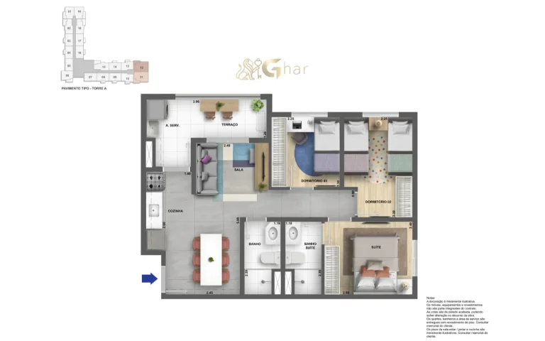Planta de apartamento 3 dormitórios suíte varanda 56 m² Lyne Campo Limpo