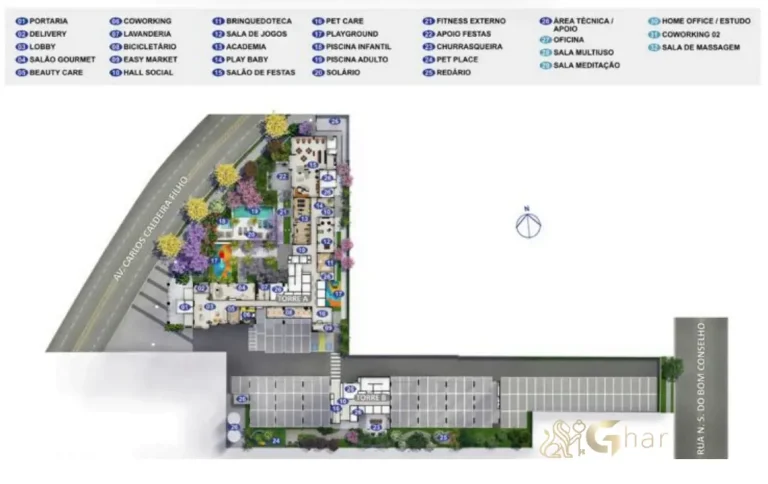 Planta de implantação do térreo do condomínio Lyne Campo Limpo