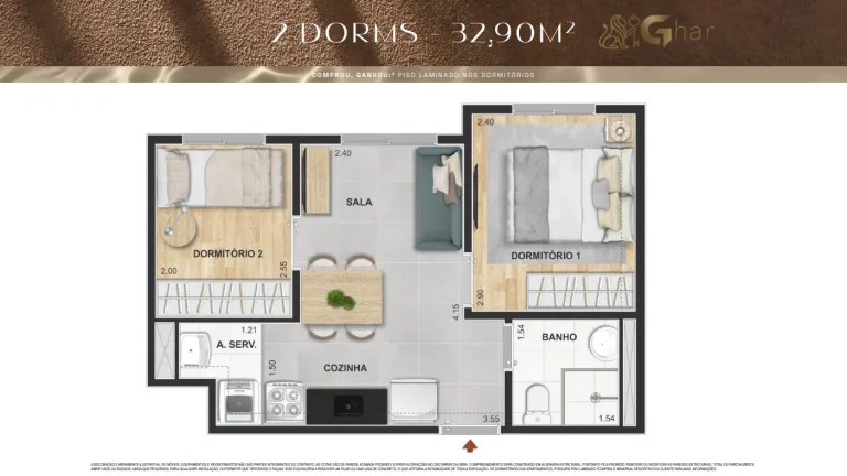 Planta De Apartamento 2 Dormitórios 32,90 m² Máximo Vila Mascote
