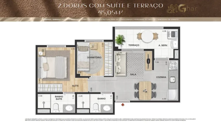 Planta De Apartamento 2 Dormitórios Com Suíte E Terraço 45,05 m² Máximo Vila Mascote