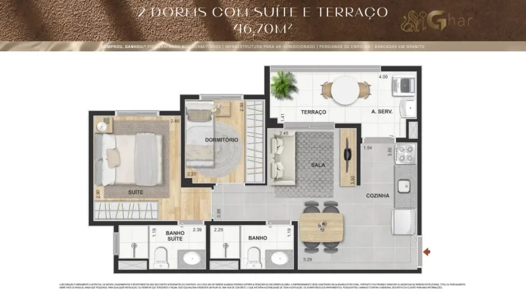 Planta De Apartamento 2 Dormitórios Com Suíte E Terraço 46,75 m² Máximo Vila Mascote
