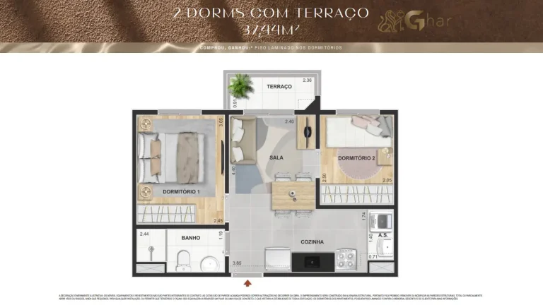 Planta De Apartamento 2 Dormitórios Com Terraço 37,44 m² Máximo Vila Mascote