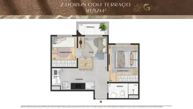 Planta De Apartamento 2 Dormitórios Com Terraço 38,42 m² Máximo Vila Mascote