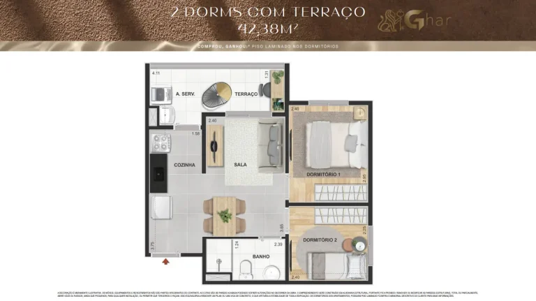 Planta De Apartamento 2 Dormitórios Com Terraço 42,38 m² Máximo Vila Mascote