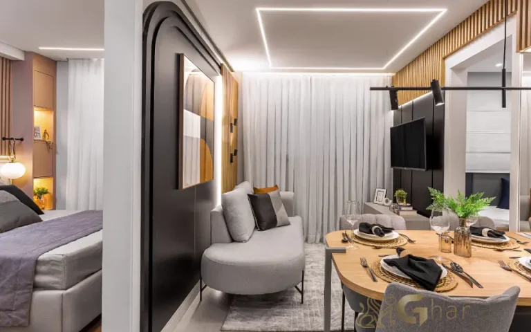 Sala de estar e jantar do apartamento decorado Mérito Barra Funda com design moderno