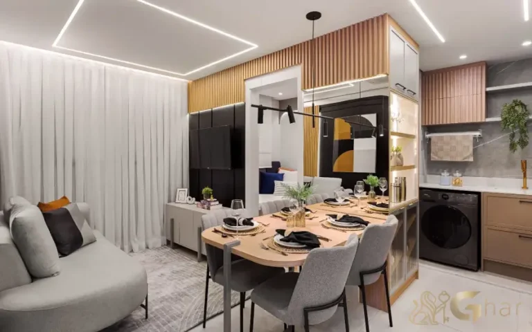 Sala de jantar com cozinha aberta no apartamento decorado do Mérito Barra Funda