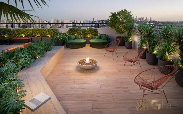 Lounge com lareira no rooftop do Mérito Barra Funda com ambiente aconchegante e moderno