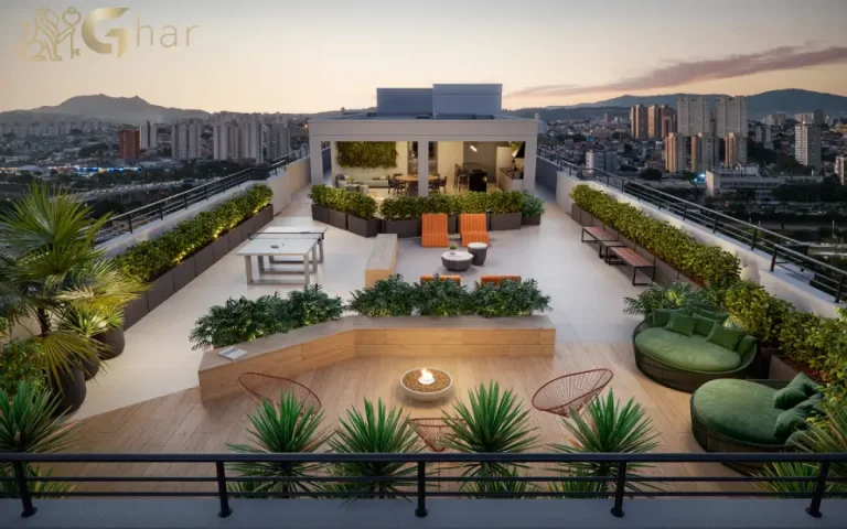 Área de lazer no rooftop do Mérito Barra Funda com espaços modernos e vista urbana