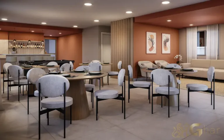 Salão de festas do condomínio Mérito Barra Funda com espaço moderno para eventos e confraternizações