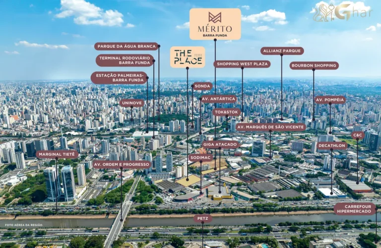 Vista aérea do Mérito Barra Funda destacando o bairro e a localização estratégica