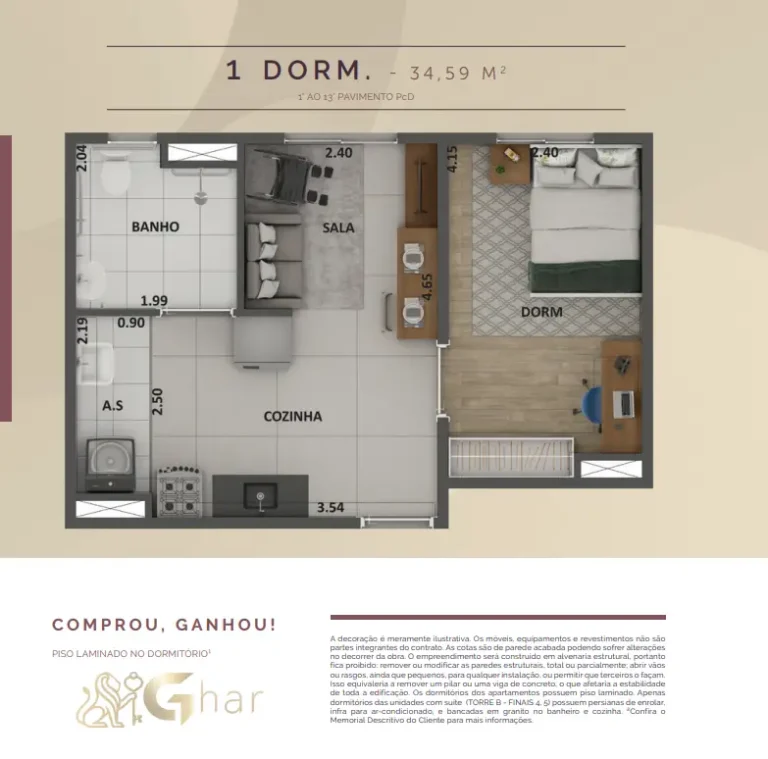 Planta do apartamento 1 dormitório de 34,59 m² no Mérito Barra Funda