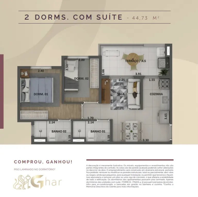 Planta do apartamento 2 dormitórios com suíte de 44,73 m² no Mérito Barra Funda