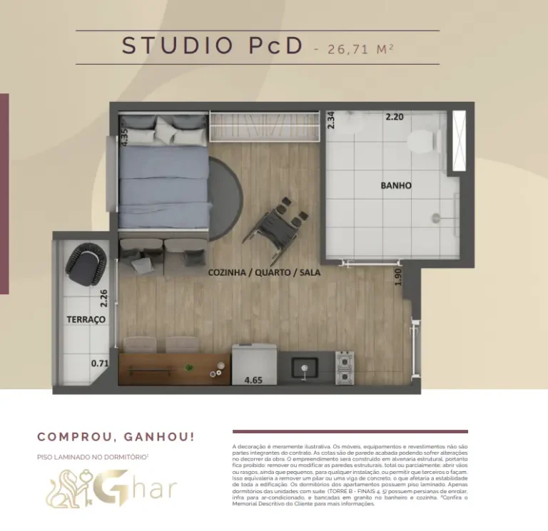 Planta do studio PCD de 26,71 m² no Mérito Barra Funda