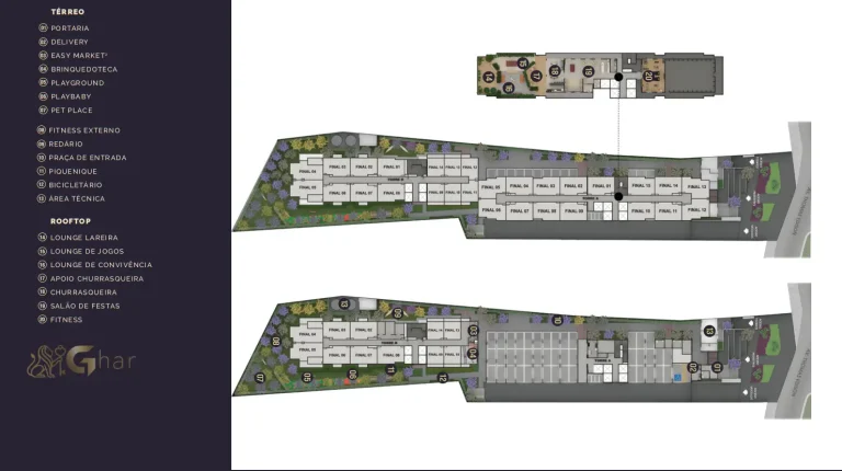 Planta de implantação do condomínio Mérito Barra Funda com térreo, rooftop e pavimento tipo
