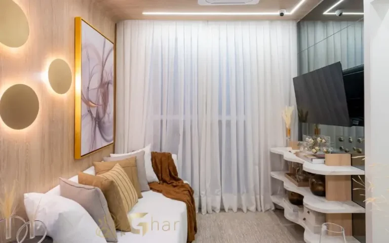 Sala de estar com TV do apartamento decorado no Mérito Belenzinho no Belém