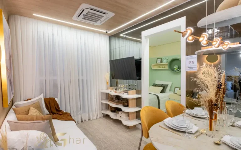Sala de estar e jantar do apartamento decorado no Mérito Belenzinho