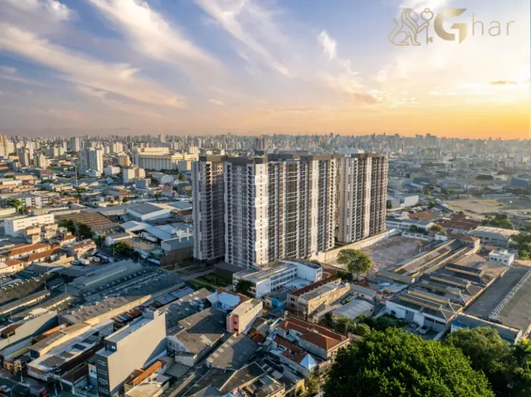 Vista aérea da fachada do condomínio Mérito Belenzinho no Belém