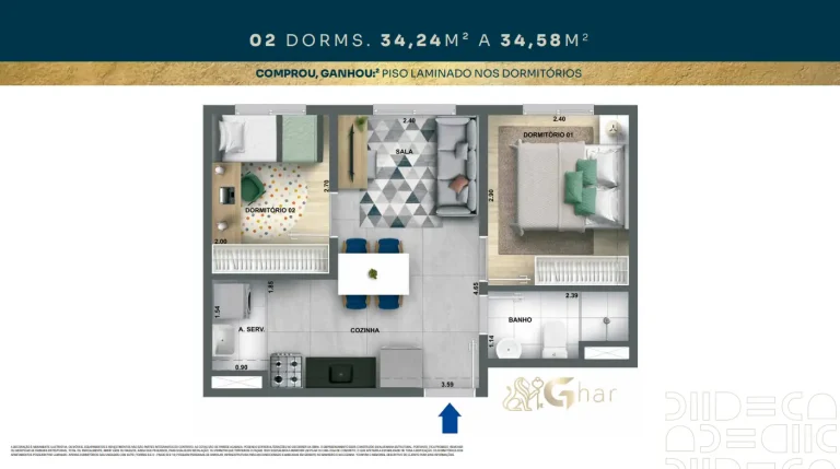 Planta de apartamento 2 dormitórios de 34 m² no Mérito Belenzinho