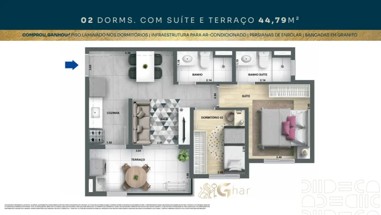 Planta de apartamento 2 dormitórios com suíte e terraço no Mérito Belenzinho