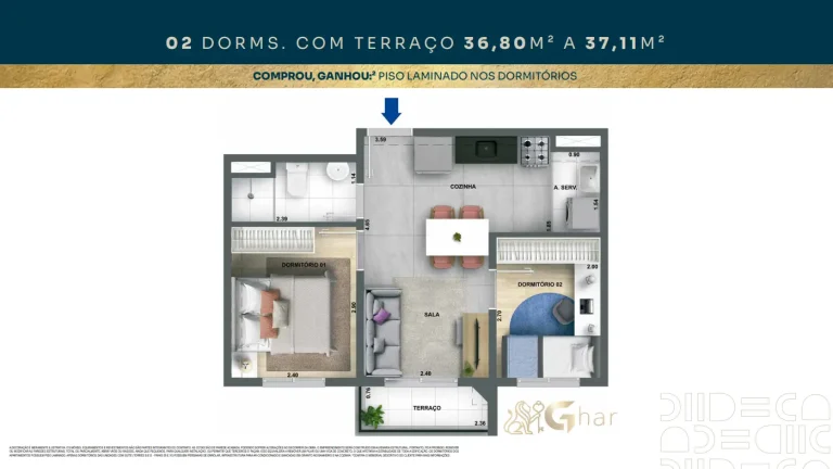 Planta de apartamento 2 dormitórios com terraço de 36 m² no Mérito Belenzinho