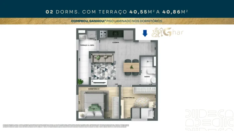 Planta de apartamento 2 dormitórios com terraço no Mérito Belenzinho