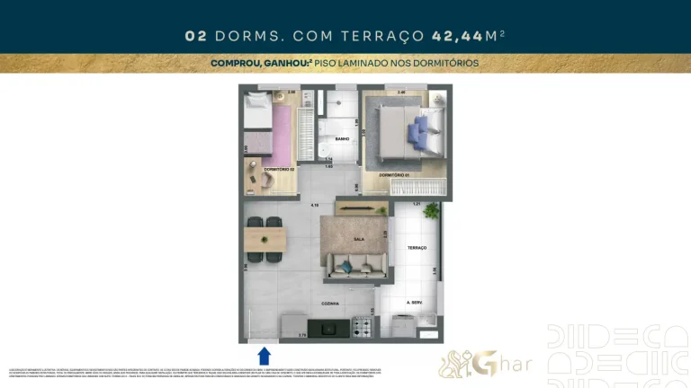 Planta de apartamento 2 dormitórios com terraço de 42 m² no Mérito Belenzinho