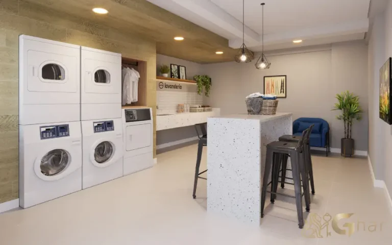 Lavanderia compartilhada do condomínio Mérito João Dias em Santo Amaro