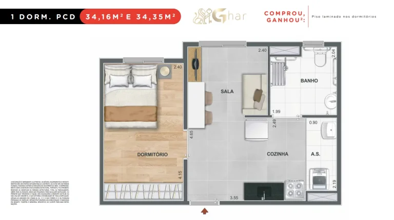 Planta apartamento 1 dormitório 34,16 e 34,35 m² Mérito João Dias Santo Amaro