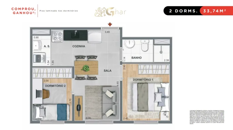 Planta apartamento 2 dormitórios 33,74 m² Mérito João Dias