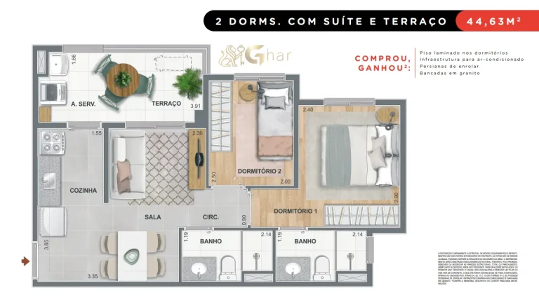Planta apartamento 2 dormitórios com suíte e terraço 44,63 m² Mérito João Dias