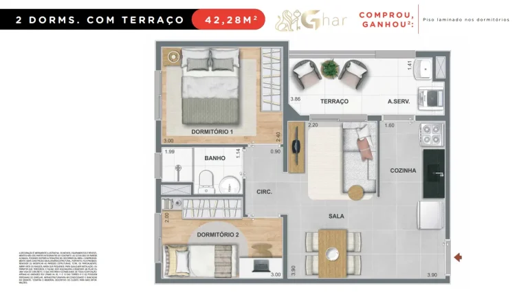 Planta apartamento 2 dormitórios com terraço 42,28 m² Mérito João Dias