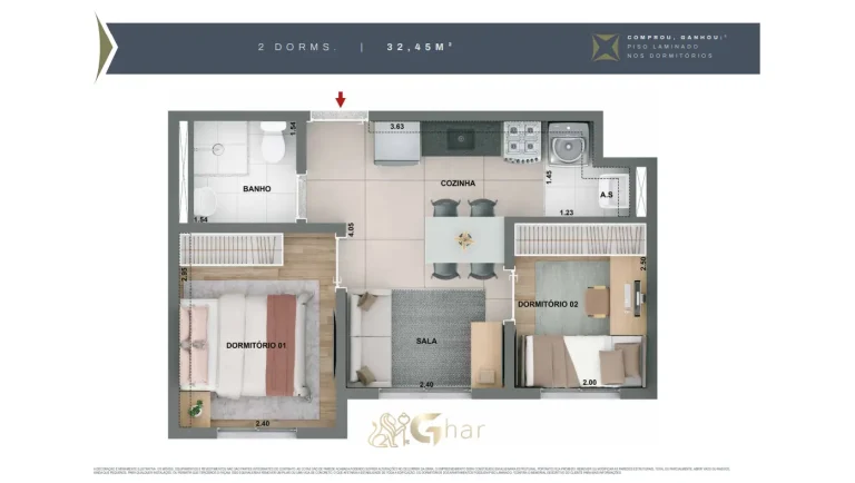 Planta De Apartamento 2 Dormitórios 32,45m² Do Mérito Lapa Na Lapa Em São Paulo