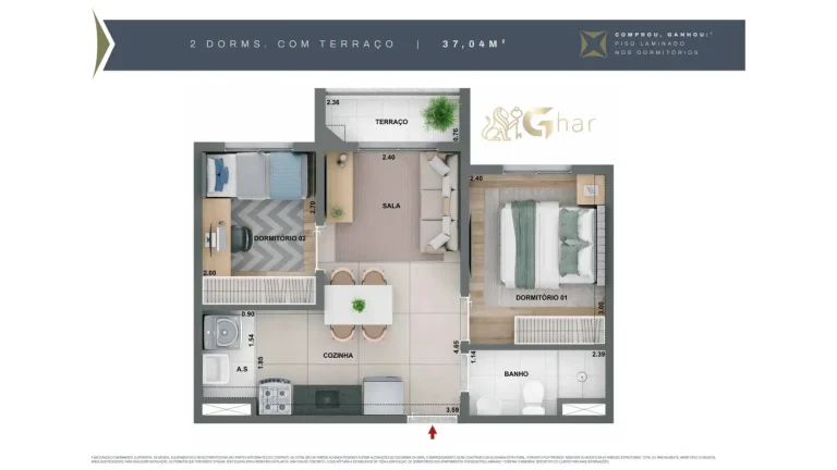 Planta De Apartamento 2 Dormitórios Com Terraço 37,04m² Do Mérito Lapa