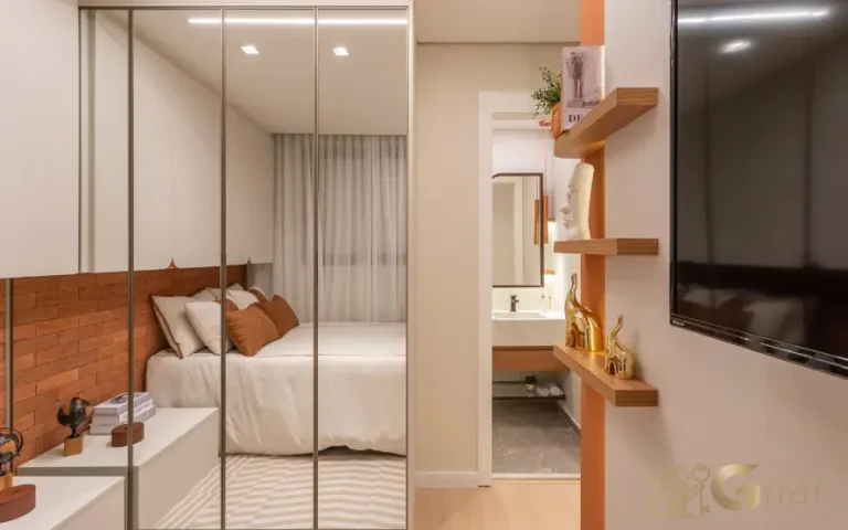 Suíte do apartamento decorado no Mérito Santo Amaro