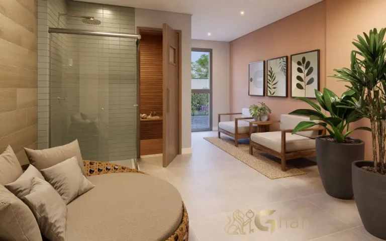 Área de descanso com sauna e ducha no Mérito Santo Amaro