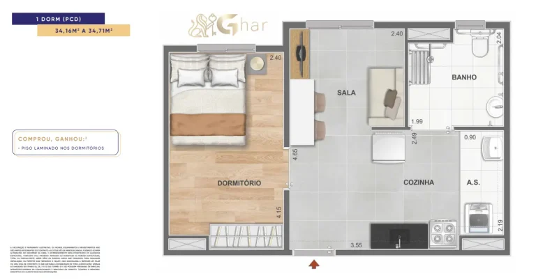Planta de apartamento 1 dormitório PCD no Mérito Santo Amaro