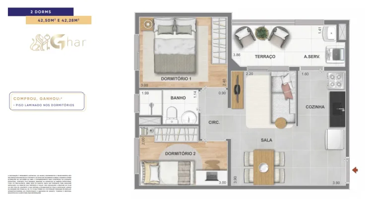 Planta de apartamento 2 dormitórios de 42 m² no Mérito Santo Amaro