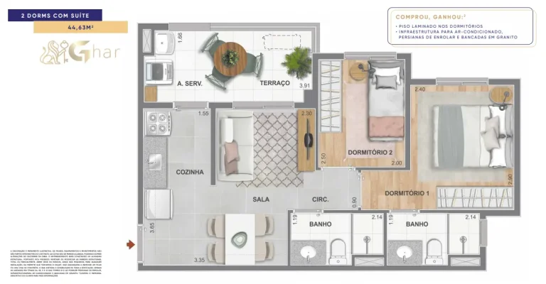 Planta de apartamento 2 dormitórios com suíte no Mérito Santo Amaro
