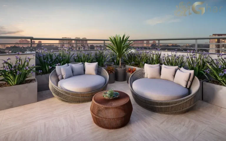 Área de estar no rooftop do condomínio Mérito Vila Mascote em São Paulo