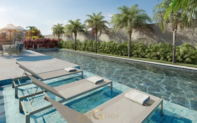 Piscina com deck molhado do condomínio Mérito Vila Mascote na Zona Sul de São Paulo