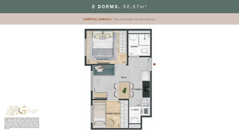 Planta de apartamento 2 dormitórios 32,57 m² no Mérito Vila Mascote em São Paulo
