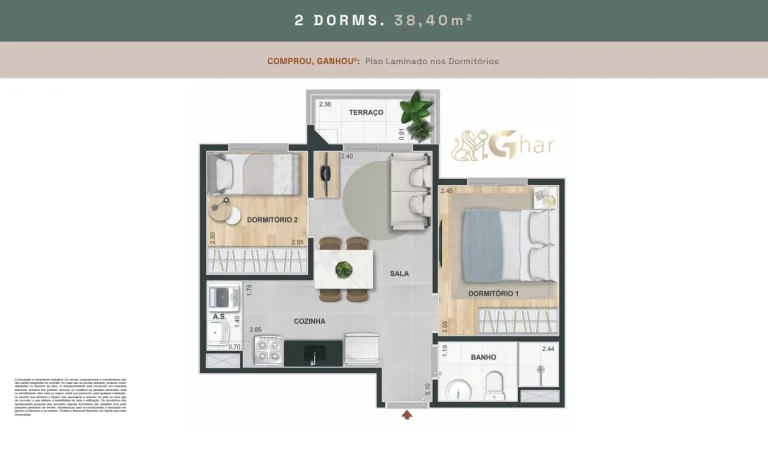 Planta de apartamento 2 dormitórios 38,40 m² no Mérito Vila Mascote em São Paulo
