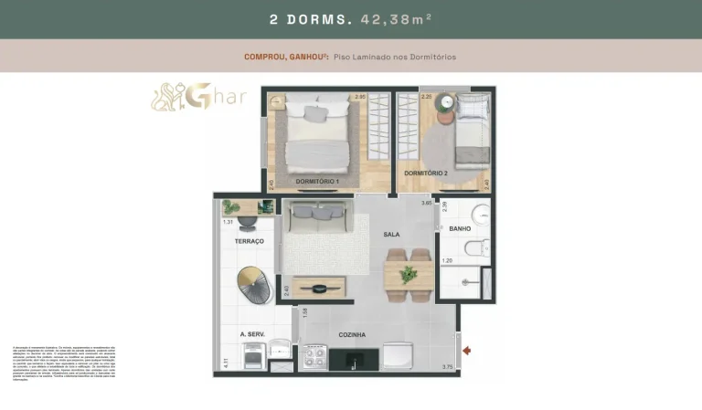 Planta de apartamento 2 dormitórios 42,38 m² no Mérito Vila Mascote na Vila Mascote