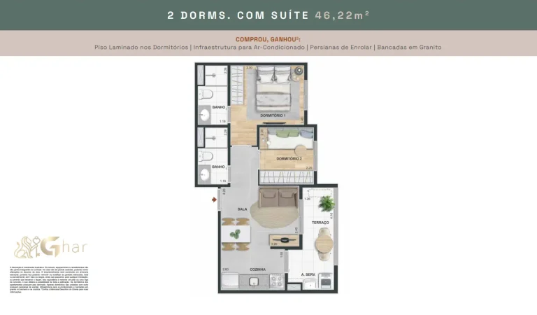Planta de apartamento 2 dormitórios com suíte 46,22 m² no Mérito Vila Mascote
