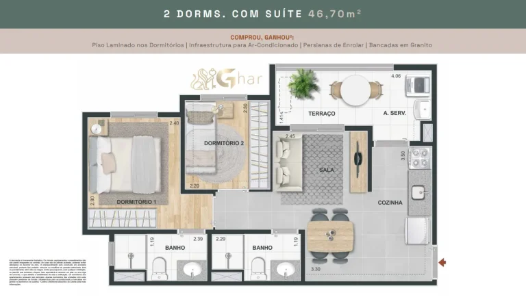 Planta de apartamento 2 dormitórios com suíte 46,70 m² no Mérito Vila Mascote