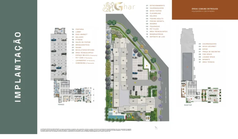 Planta de implantação do condomínio Mérito Vila Mascote térreo, tipo e rooftop