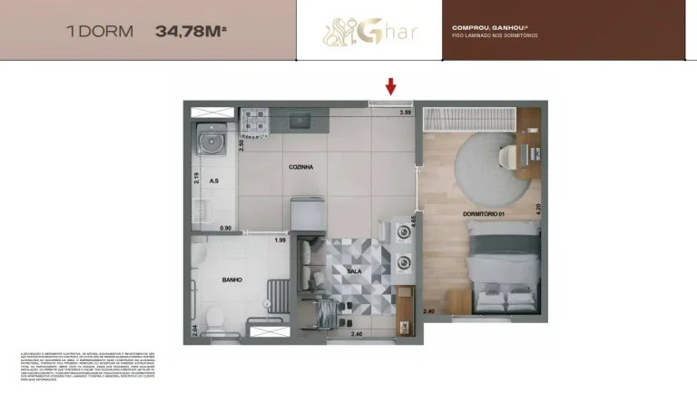 Planta de apartamento 1 dormitório 34 m² no Mirae Bom Retiro