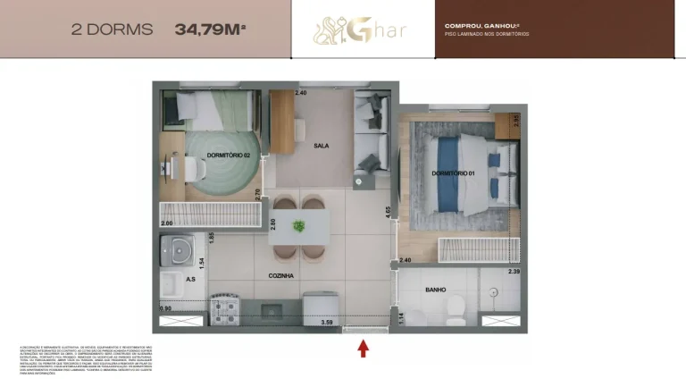 Planta de apartamento 2 dormitórios de 34 m² no Mirae Bom Retiro