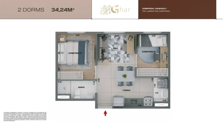 Planta funcional de apartamento 2 dormitórios 34 m² no Mirae Bom Retiro