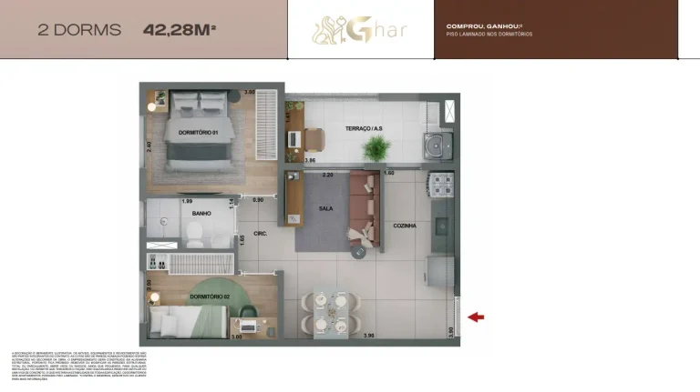 Planta de apartamento 2 dormitórios de 42 m² no Mirae Bom Retiro